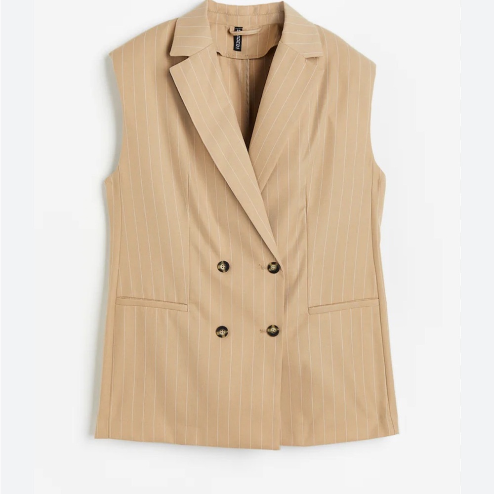 H&M SLEEVELESS Pinstripe Blazer Vest Double Breasted JACKET Tan